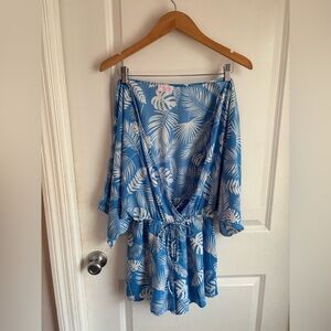 Pink Lily Blue Tropical Print Romper